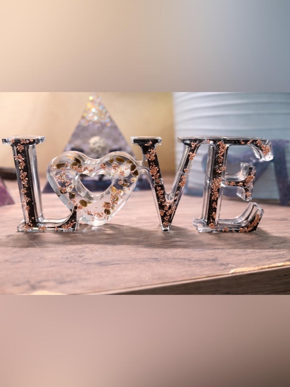Handmade Resin LOVE Decor | Rose Gold Flake Heart Sculpture